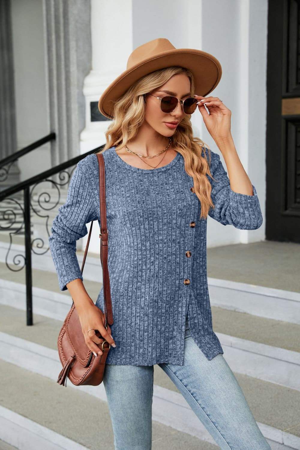 Buttoned Long Sleeve Slit Top - Trendsi - Flyclothing LLC