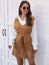 Tie Front V-Neck Sleeveless Slit Sweater Dress - Trendsi - Flyclothing LLC