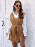 Tie Front V-Neck Sleeveless Slit Sweater Dress - Trendsi - Flyclothing LLC