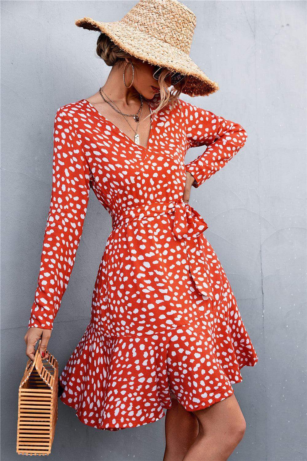 Printed V-Neck Tie Belt Ruffle Hem Mini Dress - Trendsi - Flyclothing LLC