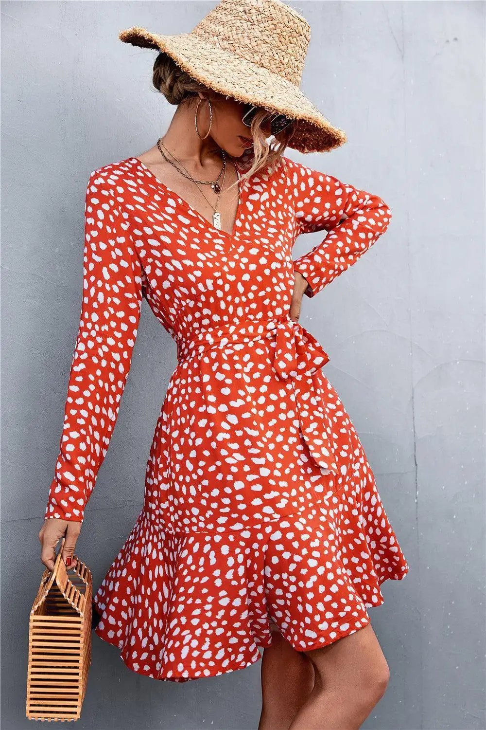 Printed V-Neck Tie Belt Ruffle Hem Mini Dress - Trendsi