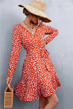 Printed V-Neck Tie Belt Ruffle Hem Mini Dress - Trendsi