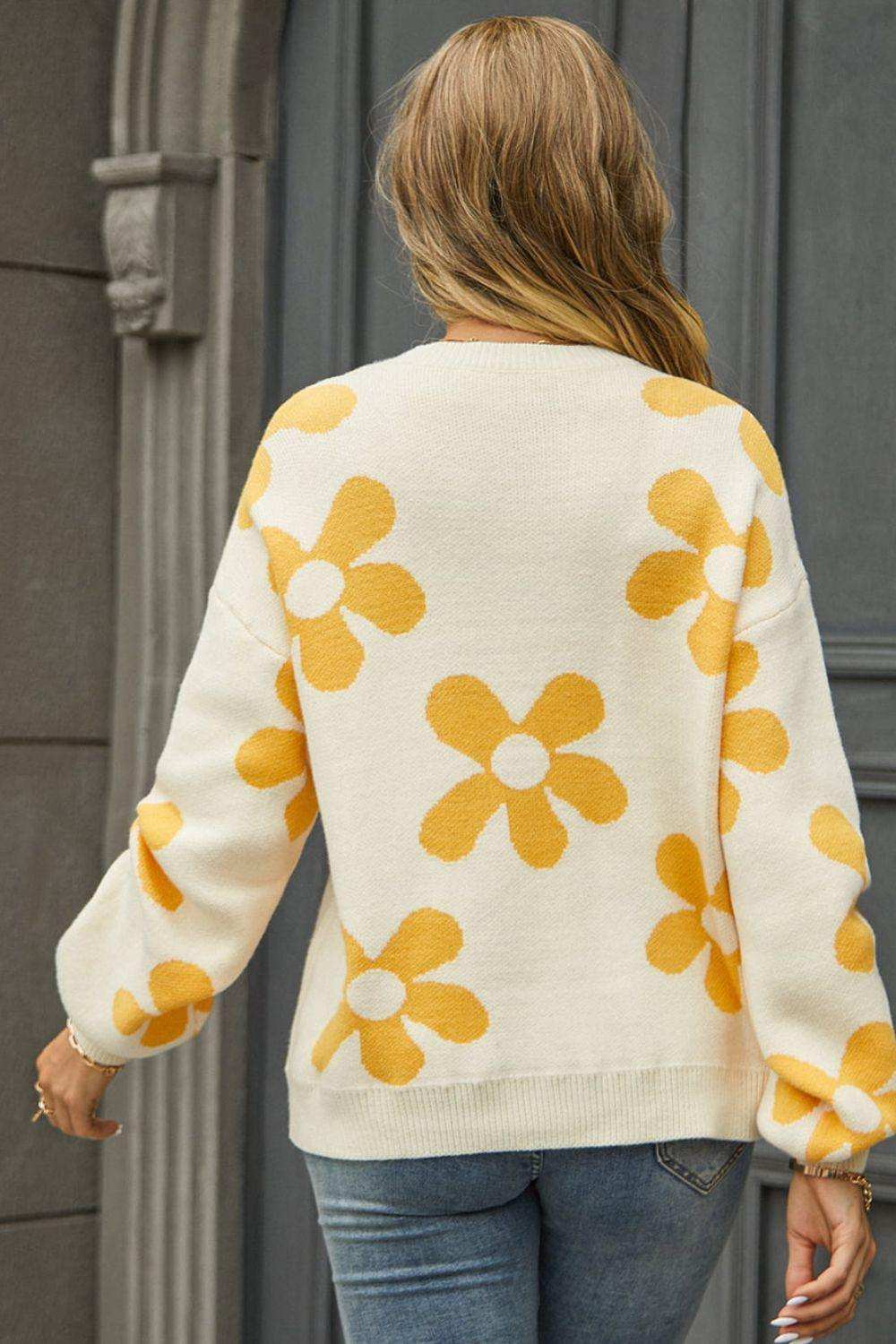 Floral Print Round Neck Dropped Shoulder Pullover Sweater - Trendsi - Flyclothing LLC