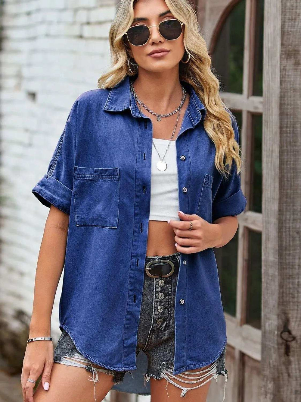 Collared Neck Denim Jacket with Pockets - Trendsi - Flyclothing LLC