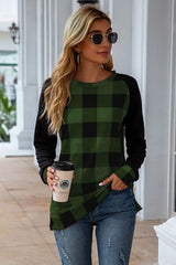 Plaid Round Neck Long Sleeve T-Shirt - Trendsi