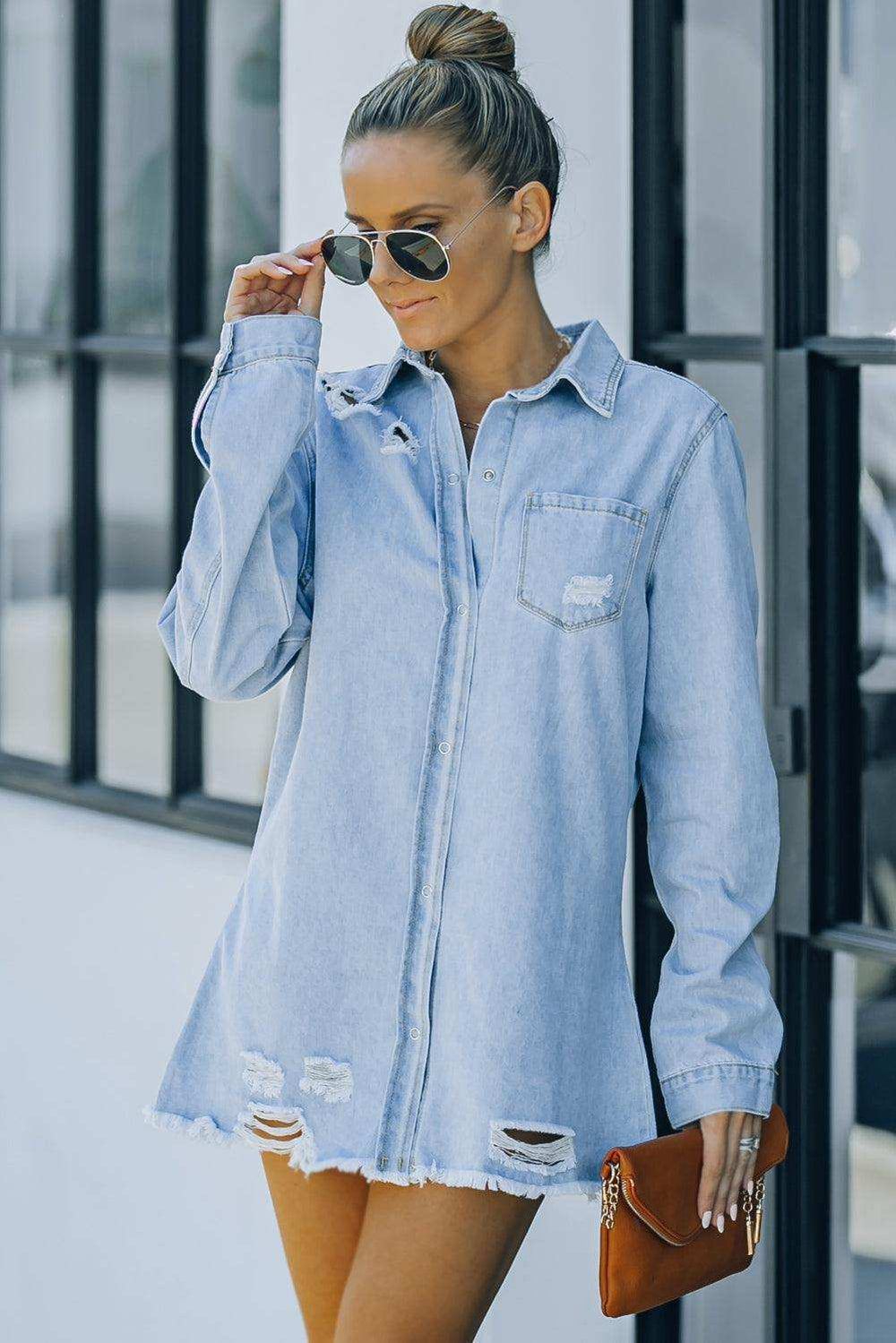 Distressed Snap Down Denim Jacket - Trendsi - Flyclothing LLC