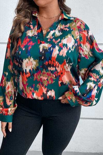 Plus Size Printed Johnny Collar Long Sleeve Blouse - Trendsi - Flyclothing LLC