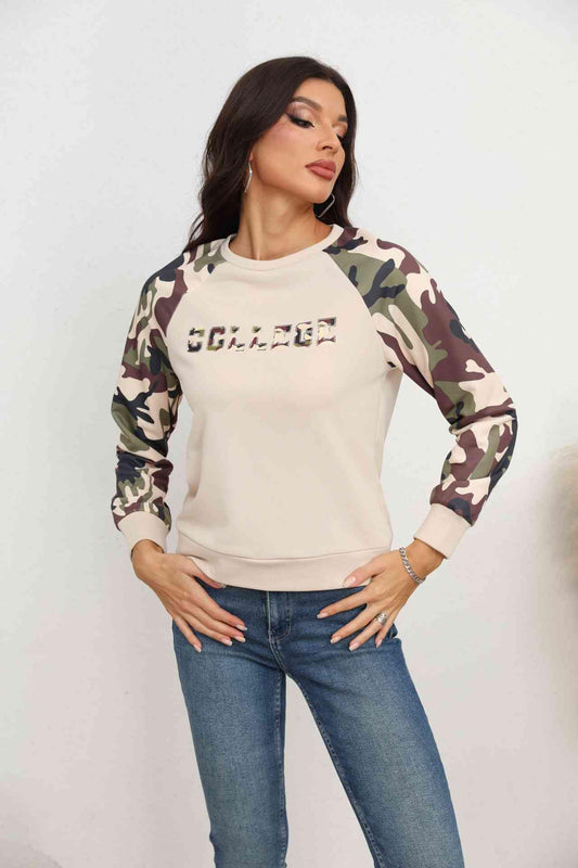 Camouflage Raglan Sleeve Sweatshirt - Trendsi