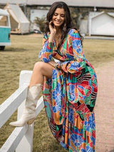 Printed Smocked Tie Neck Balloon Sleeve Maxi Dress - Trendsi - Flyclothing LLC