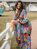 Printed Smocked Tie Neck Balloon Sleeve Maxi Dress - Trendsi - Flyclothing LLC