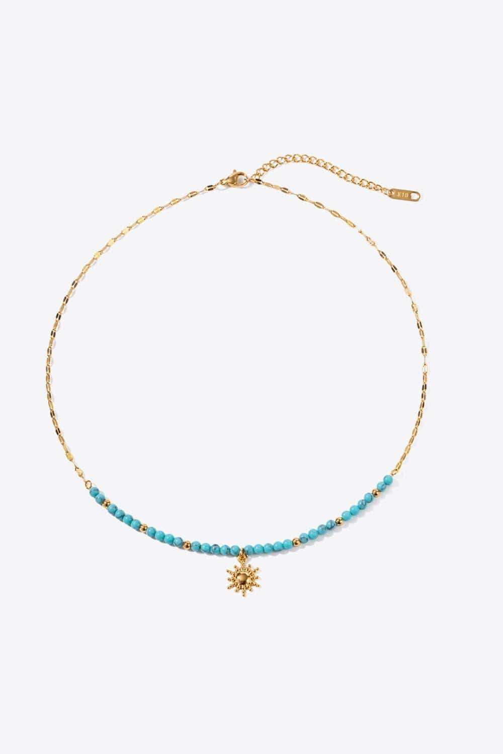 Turquoise Beaded 18K Gold-Plated Sun Shape Pendant Necklace - Trendsi - Flyclothing LLC