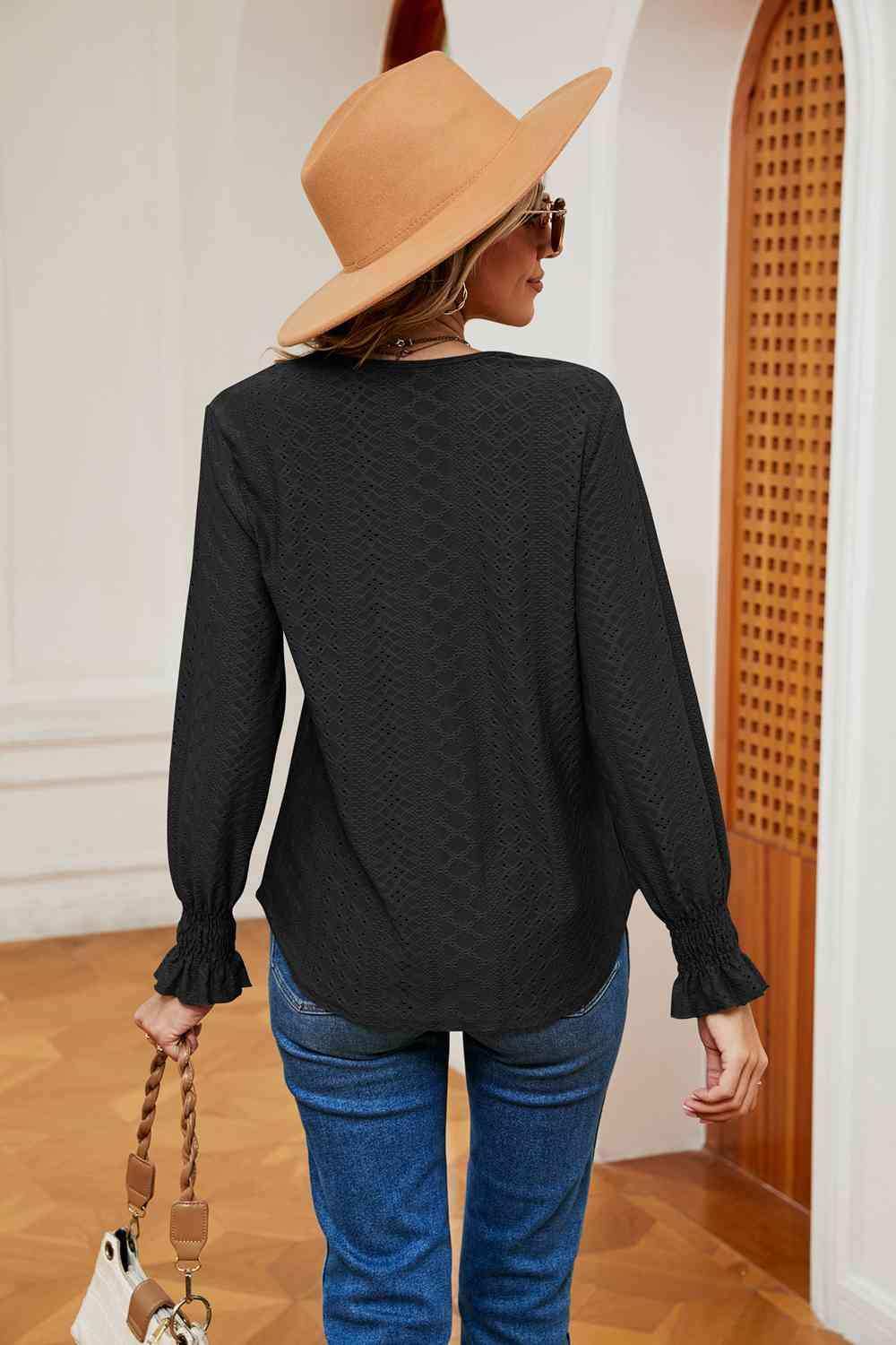 Contrast Flounce Sleeve Blouse - Trendsi - Flyclothing LLC