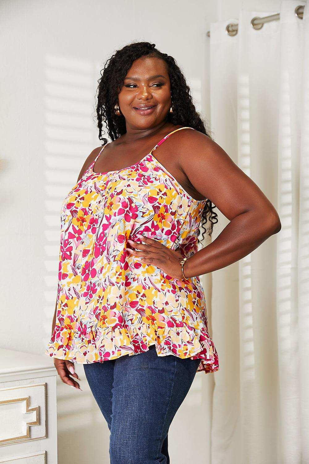 Double Take Floral Scoop Neck Ruffle Hem Cami - Trendsi - Flyclothing LLC