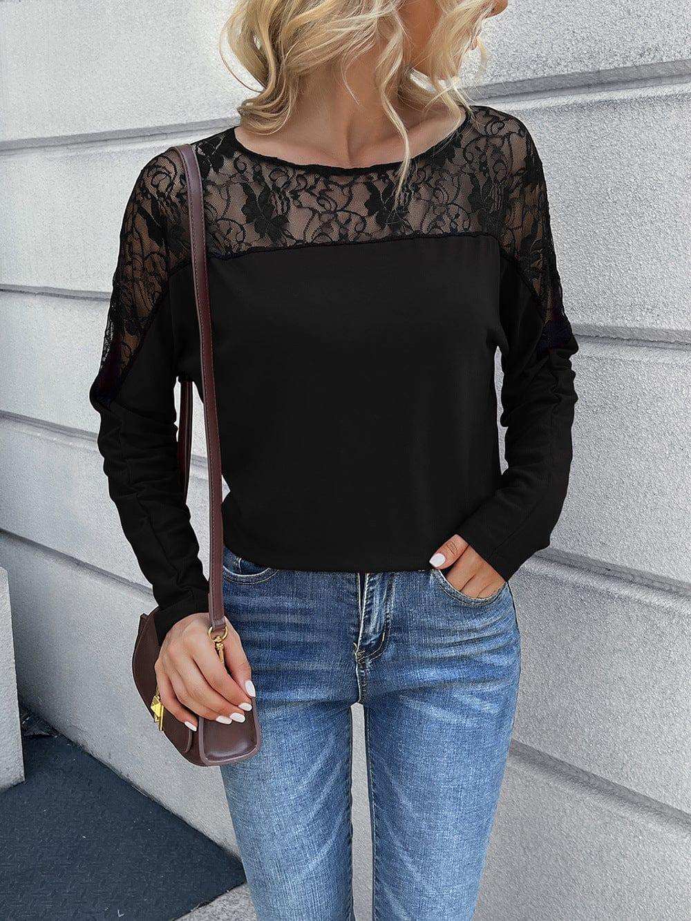 Lace Long Sleeve Round Neck Tee - Trendsi - Flyclothing LLC