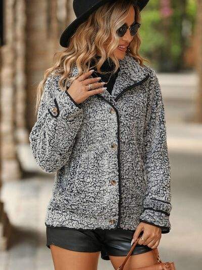 Fuzzy Pocketed Button Up Jacket - Trendsi - Flyclothing LLC