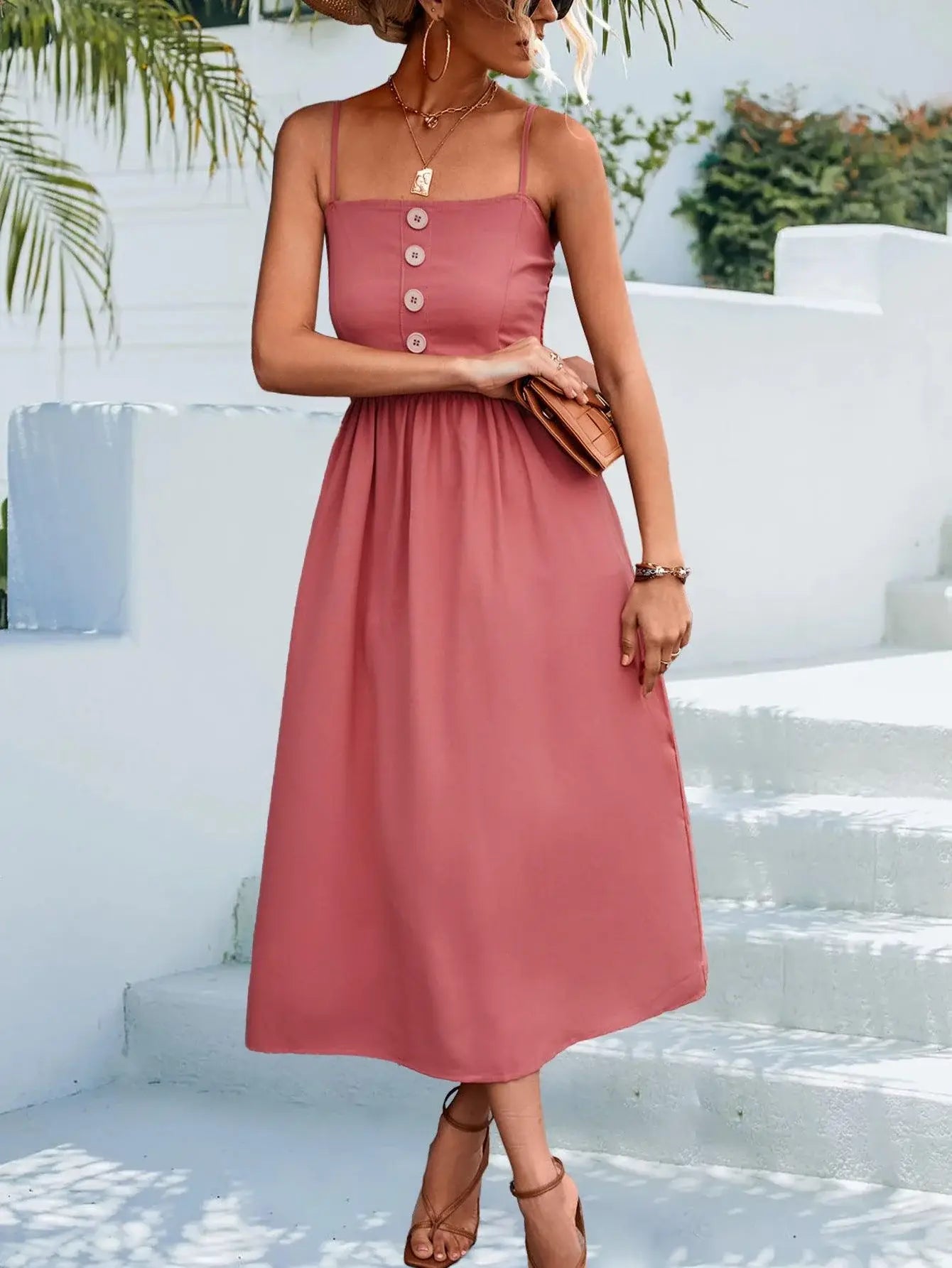 Decorative Button Spaghetti Strap Midi Dress - Trendsi - Flyclothing LLC