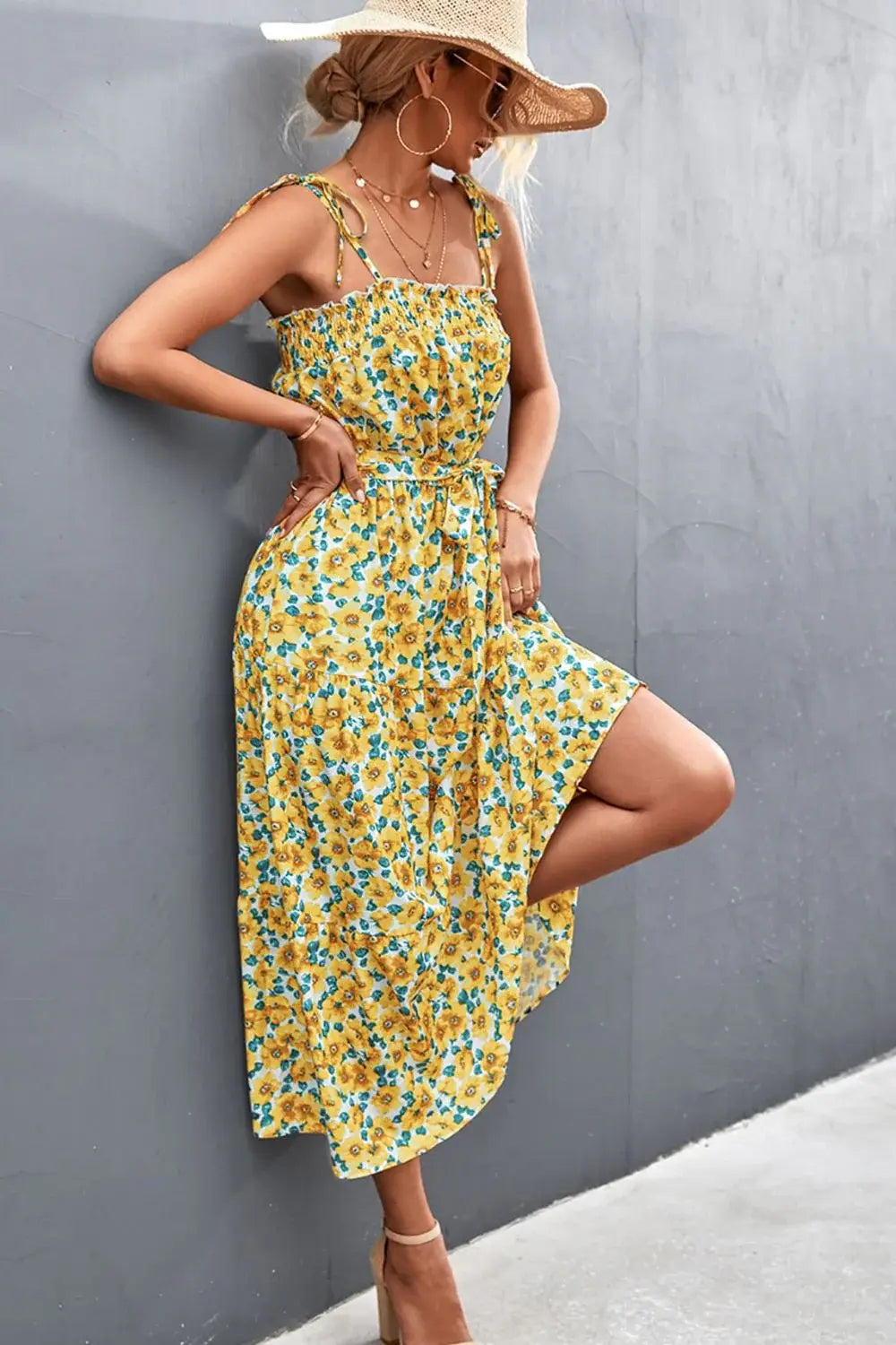 Floral Tie-Shoulder Belted Dress - Trendsi - Flyclothing LLC