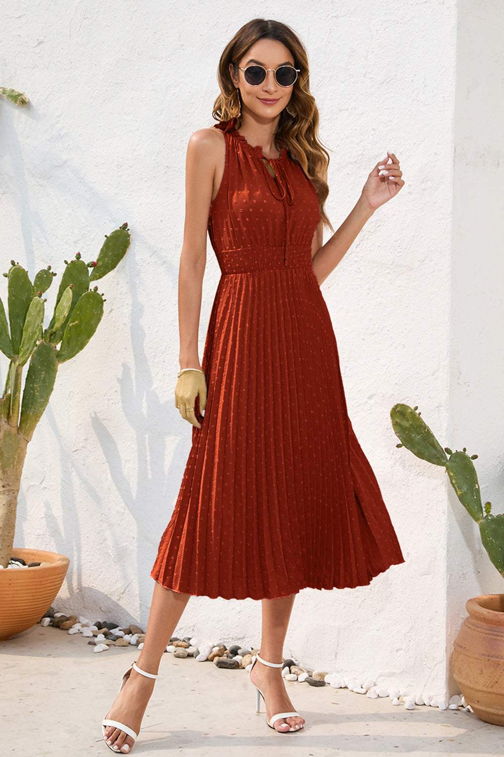 Swiss Dot Tie Neck Sleeveless Dress - Trendsi - Flyclothing LLC