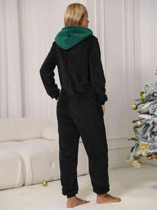 Pom-Pom Trim Zip Front Hooded Lounge Jumpsuit - Trendsi