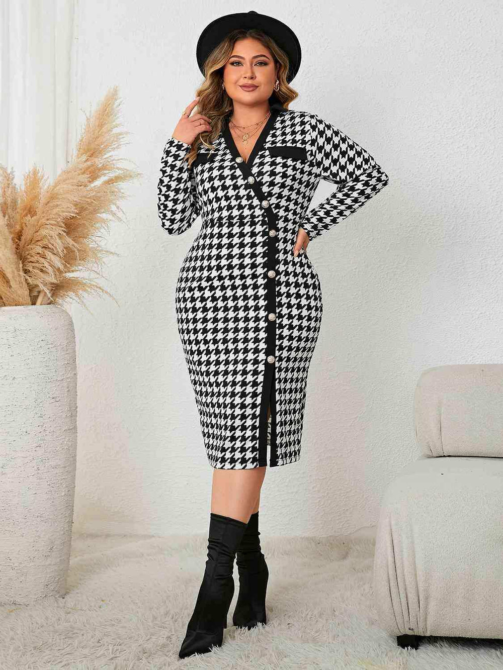 Plus Size Houndstooth Long Sleeve Slit Dress - Trendsi - Flyclothing LLC