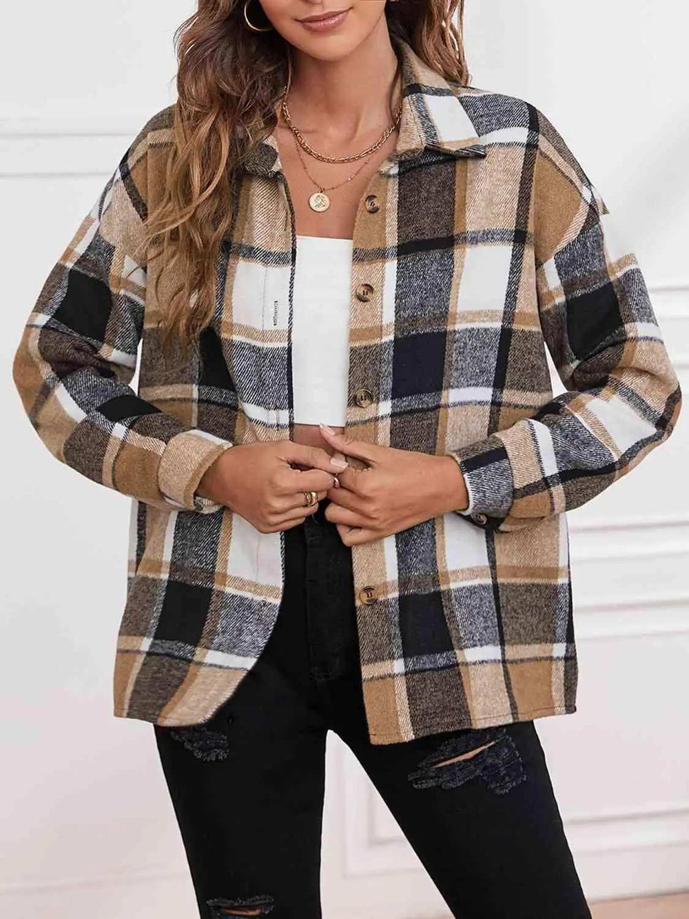 Plaid Collared Neck Button Down Jacket - Trendsi - Flyclothing LLC