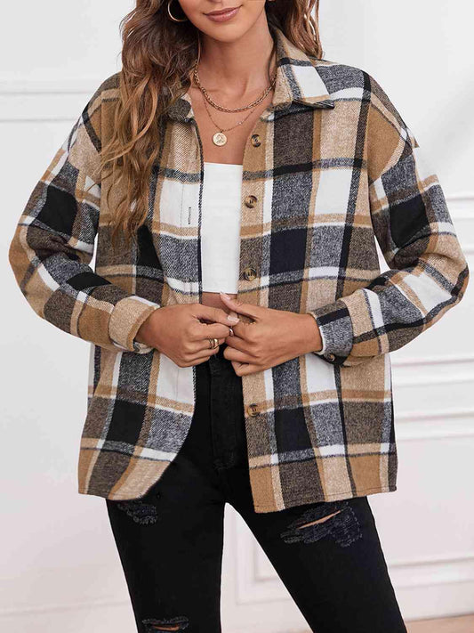 Plaid Collared Neck Button Down Jacket - Trendsi