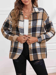 Plaid Collared Neck Button Down Jacket - Trendsi