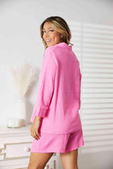 Double Take Textured Shirt and Elastic Waist Shorts Set - Trendsi