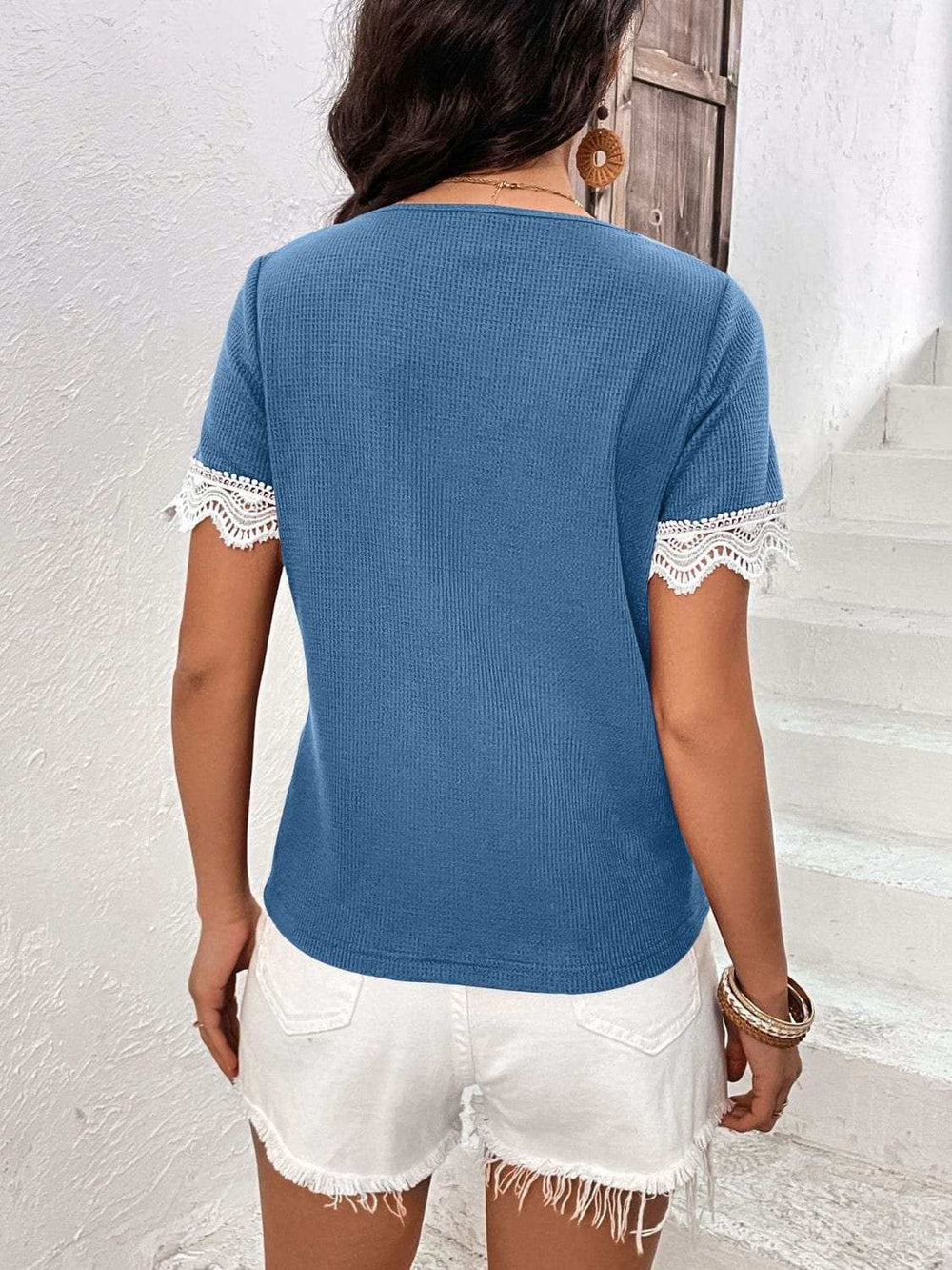 Lace Detail V-Neck Short Sleeve T-Shirt - Trendsi - Flyclothing LLC