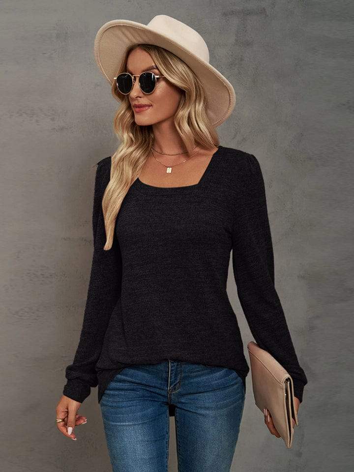 Heathered Square Neck Long Sleeve T-Shirt - Trendsi - Flyclothing LLC