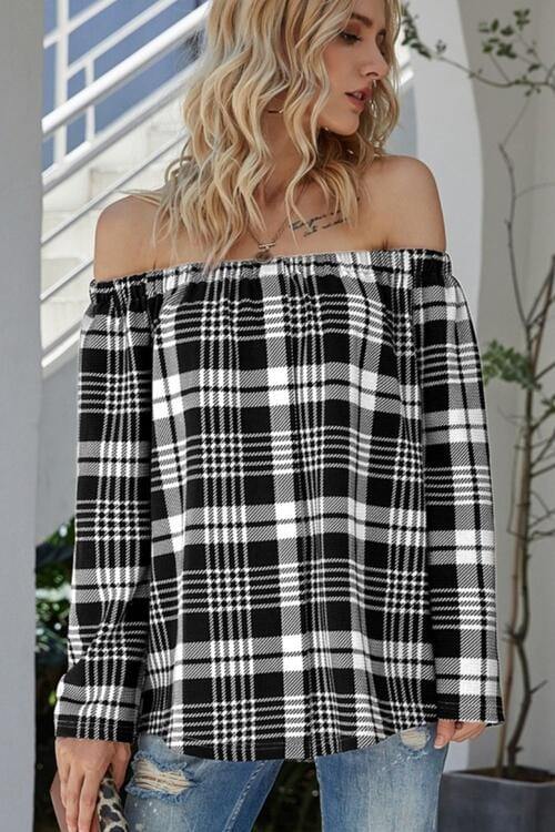 Off-Shoulder Striped Long Sleeve T-Shirt - Trendsi