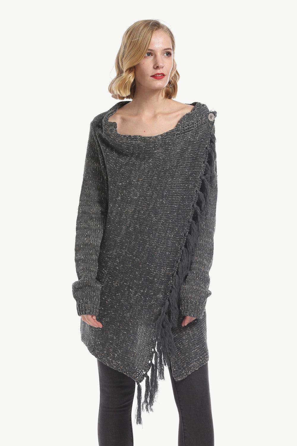 One-Button Tassel Tie Asymmetrical Hem Cardigan - Trendsi - Flyclothing LLC
