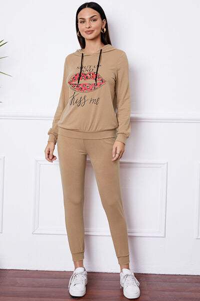 SHUT UP AND KISS ME Lip Graphic Hooded Top and Drawstring Pants Set - Trendsi - Flyclothing LLC