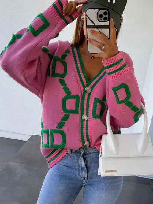 Geometric Dropped Shoulder Button Down Cardigan - Trendsi - Flyclothing LLC
