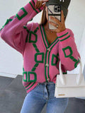 Geometric Dropped Shoulder Button Down Cardigan - Trendsi - Flyclothing LLC