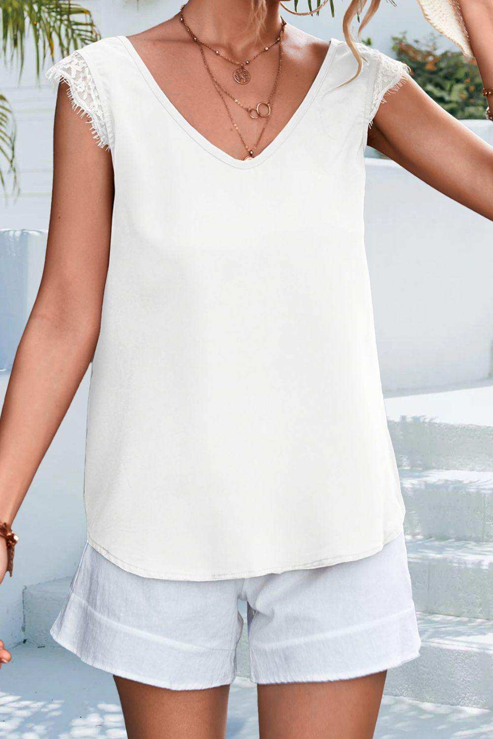 Lace Detail Eyelash Trim V-Neck Tank - Trendsi - Flyclothing LLC