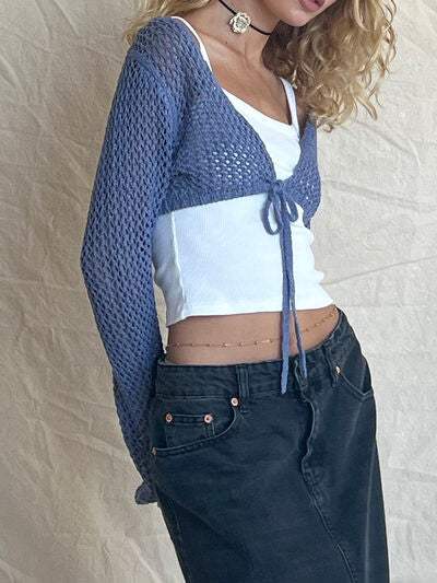 Openwork Tied Dropped Shoulder Cardigan - Trendsi - Flyclothing LLC