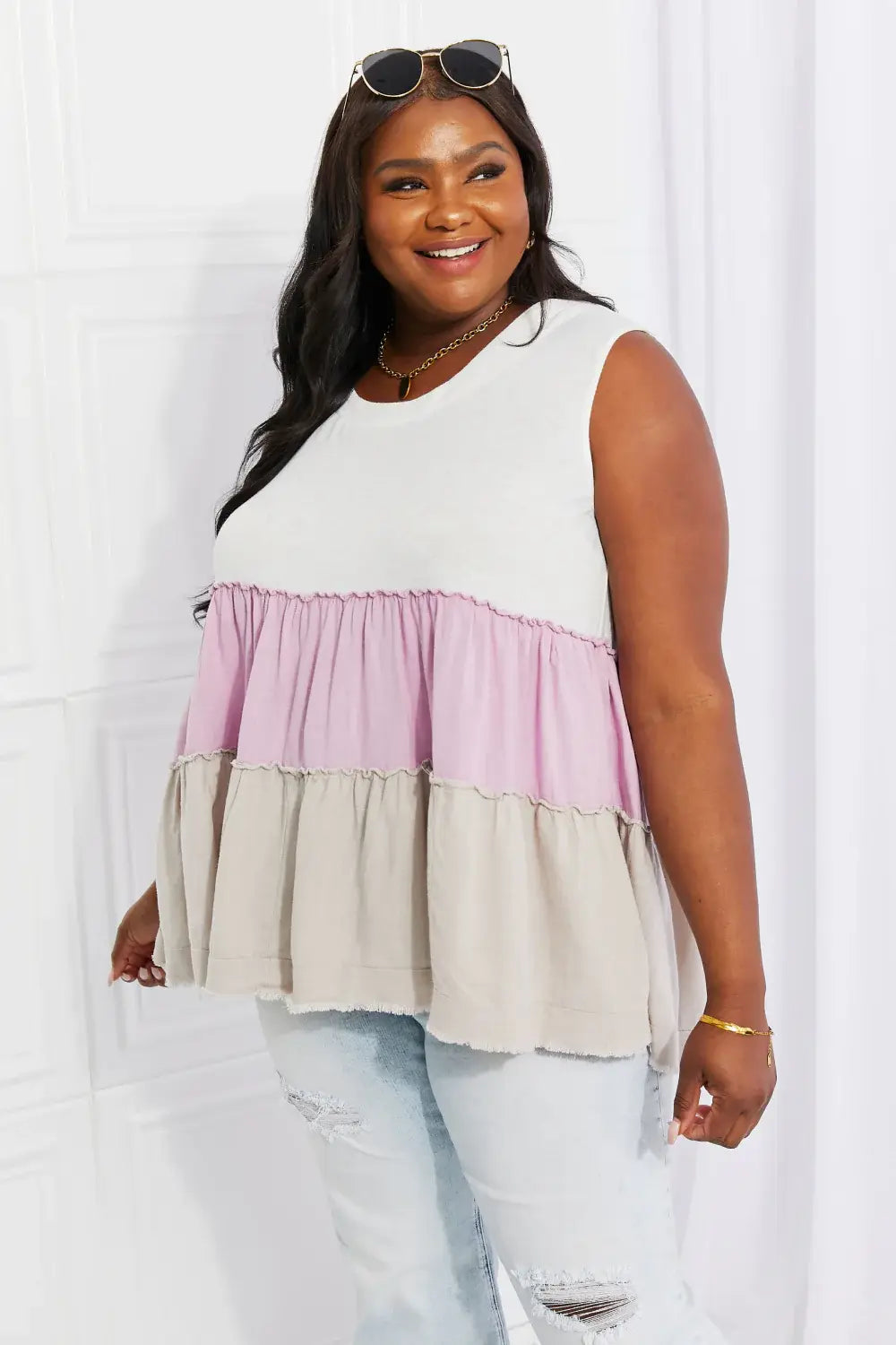 White Birch Full Size Watching the Sunset Color Block Babydoll Top - Trendsi - Flyclothing LLC