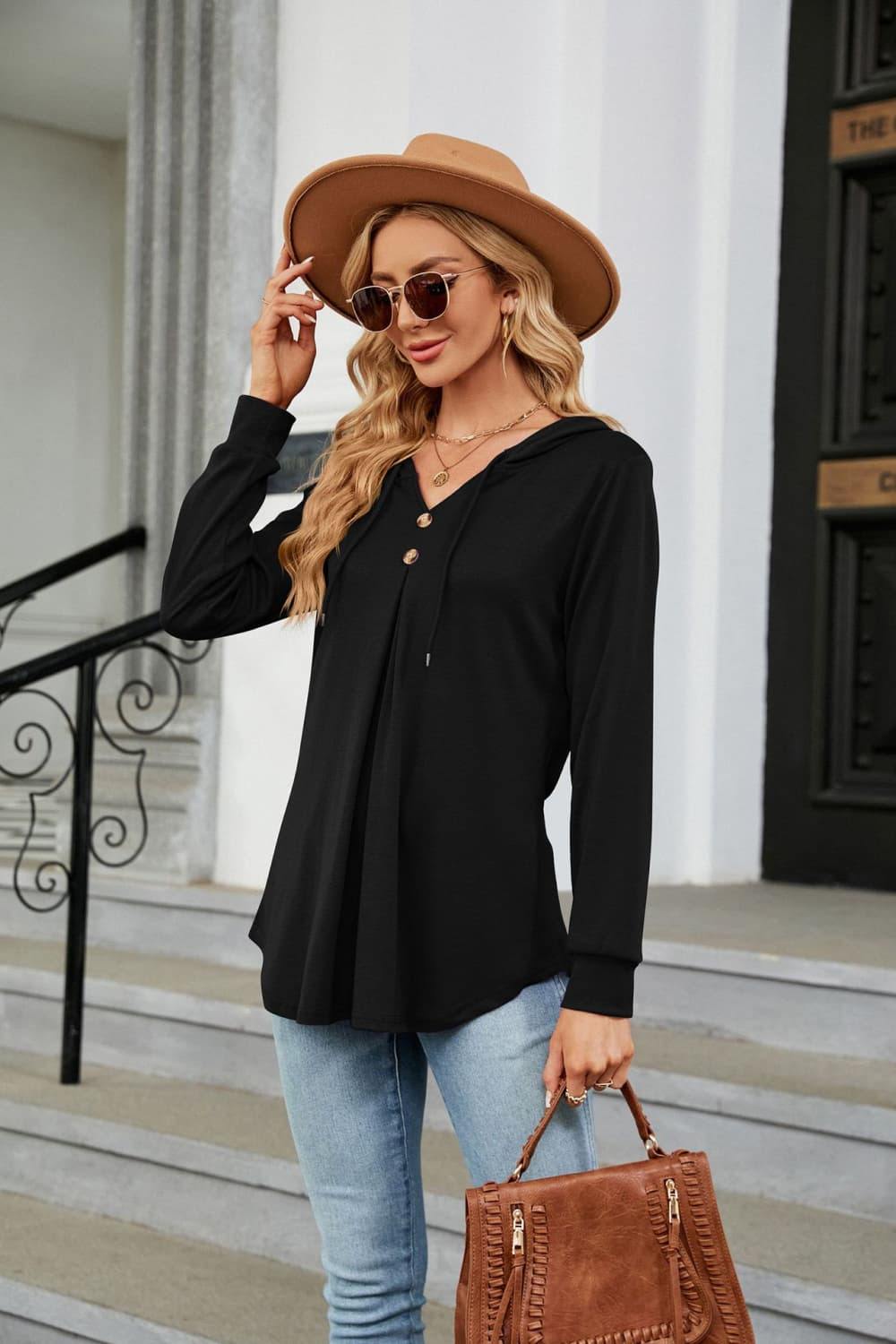 Long Sleeve Hooded Blouse - Trendsi