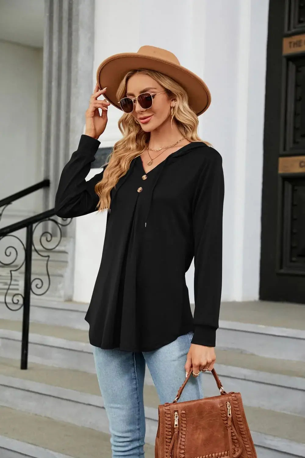 Long Sleeve Hooded Blouse - Trendsi - Flyclothing LLC