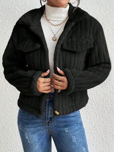 Fuzzy Button Up Collared Neck Jacket - Trendsi