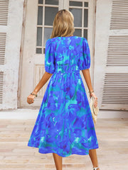 Ruched Printed Surplice Short Sleeve Dress - Trendsi