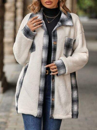 Plaid Contrast Dropped Shoulder Coat - Trendsi - Flyclothing LLC