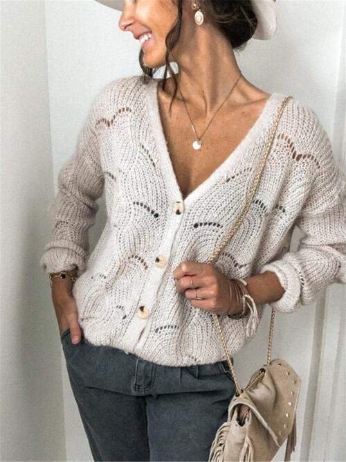 Openwork Button Up Long Sleeve Cardigan - Trendsi - Flyclothing LLC