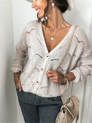 Openwork Button Up Long Sleeve Cardigan - Trendsi