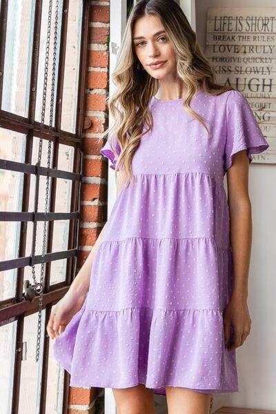 Heimish Full Size Swiss Dot Short Sleeve Tiered Dress - Trendsi - Flyclothing LLC
