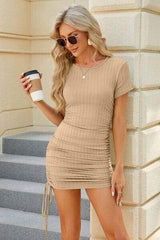 Drawstring Round Neck Short Sleeve Dress - Trendsi - Flyclothing LLC