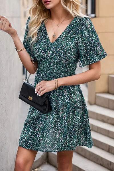 Printed Smocked Crisscross V-Neck Mini Dress - Trendsi - Flyclothing LLC