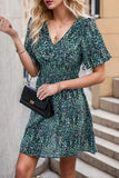 Printed Smocked Crisscross V-Neck Mini Dress - Trendsi