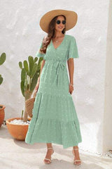 Swiss Dot Tied Surplice Short Sleeve Dress - Trendsi - Flyclothing LLC